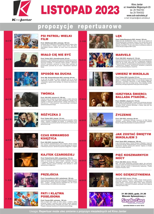 Repertuar filmowy Kina JANTAR m-c LISTOPAD 2023 r.