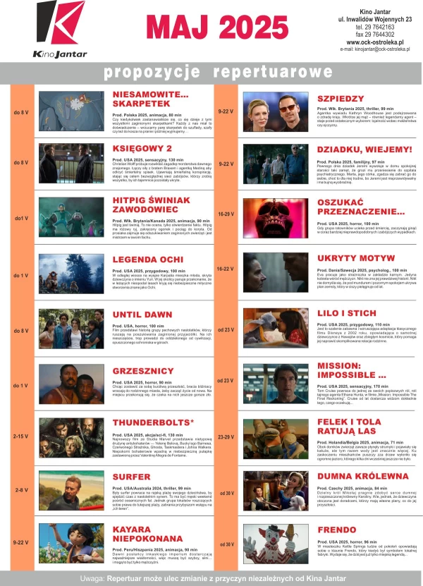 Repertuar filmowy Kina JANTAR m-c MAJ 2025 r.