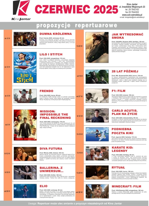 Repertuar filmowy Kina JANTAR m-c CZERWIEC 2025 r.