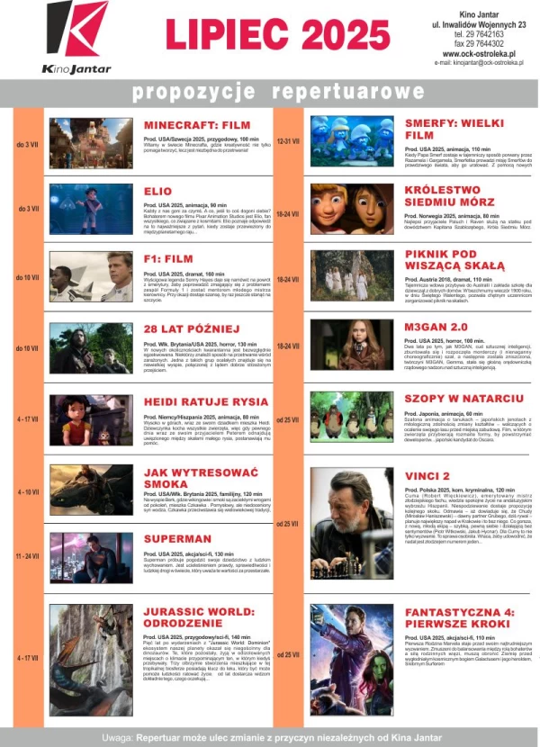 Repertuar filmowy Kina JANTAR m-c LIPIEC 2025 r.