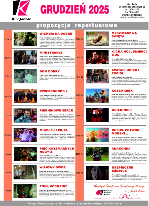 Repertuar filmowy Kina JANTAR m-c GRUDZIEŃ 2025 r.