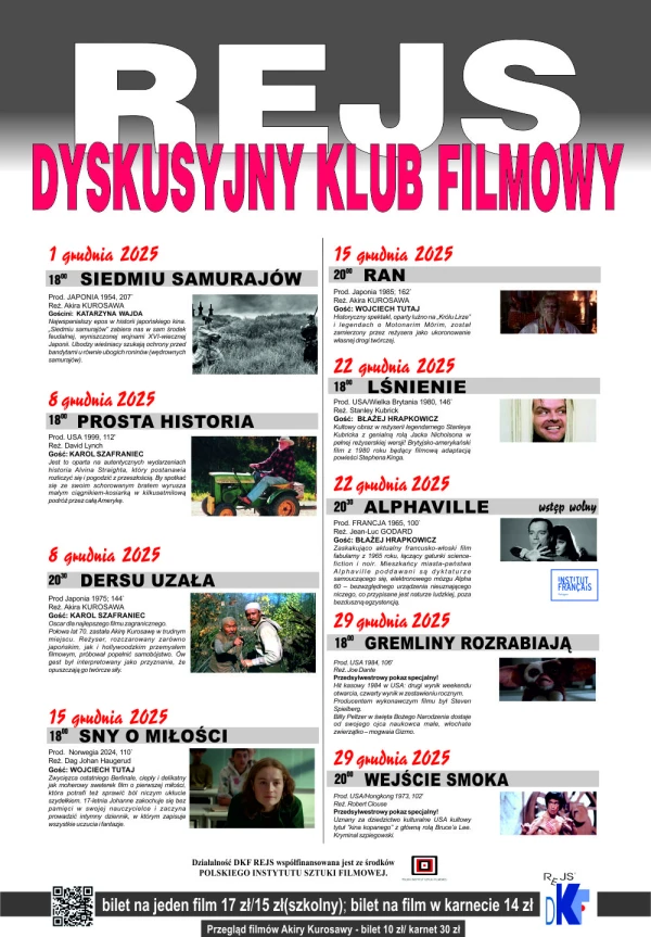 Dyskusyjny Klub Filmowy "Rejs" - repertuar na GRUDIEŃ 2025 r.