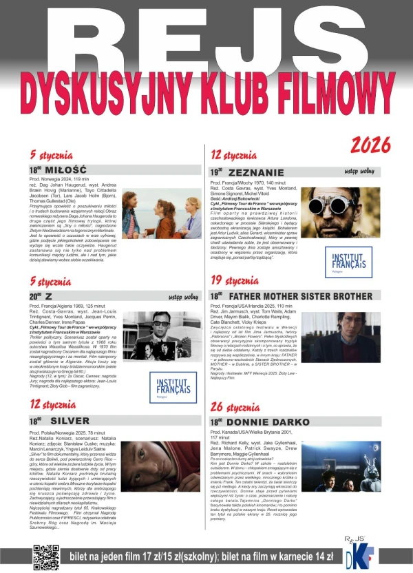 Dyskusyjny Klub Filmowy "Rejs" - repertuar na STYCZEŃ 2026 r.  