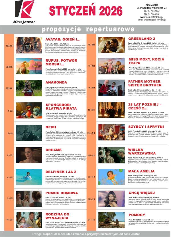 Repertuar filmowy Kina JANTAR m-c STYCZEŃ 2026 r.