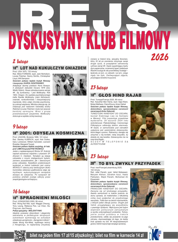 Dyskusyjny Klub Filmowy "Rejs" - repertuar na m-c LUTY 2026 r. 
