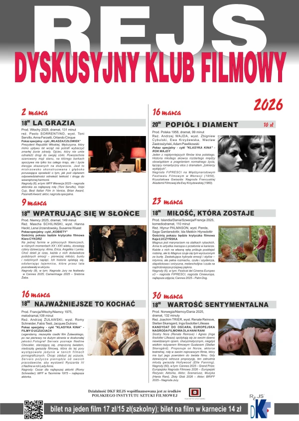 Dyskusyjny Klub Filmowy "Rejs" - repertuar na m-c MARZEC 2026 r. 