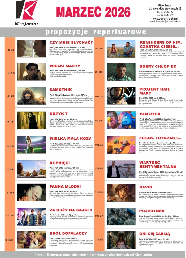 Repertuar filmowy Kina JANTAR m-c MARZEC 2026 r.