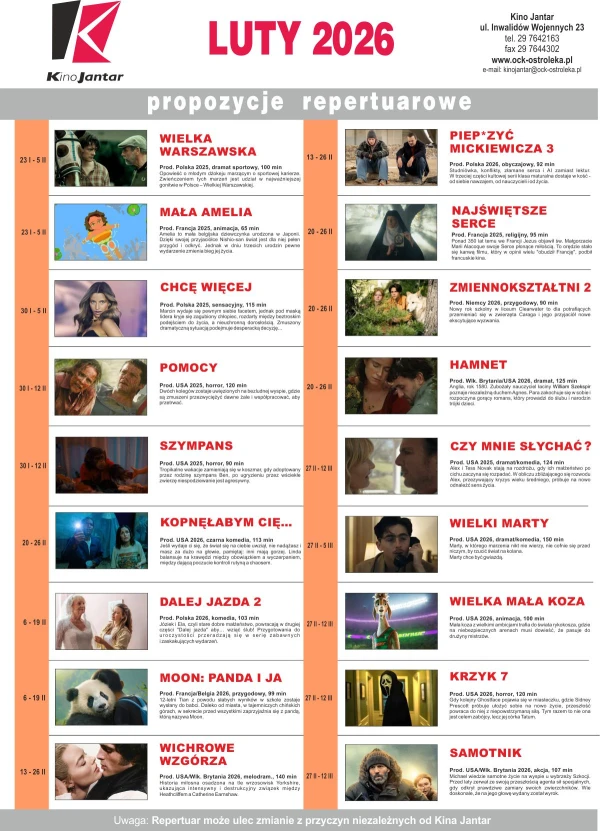 Repertuar filmowy Kina JANTAR m-c LUTY 2026 r.